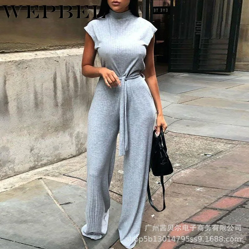 

WEPBEL Women Elegant Loose Playsuit Ladies Solid Color Sleeveless Turtleneck Jumpsuit Romper Lace Up Overalls Long Trousers