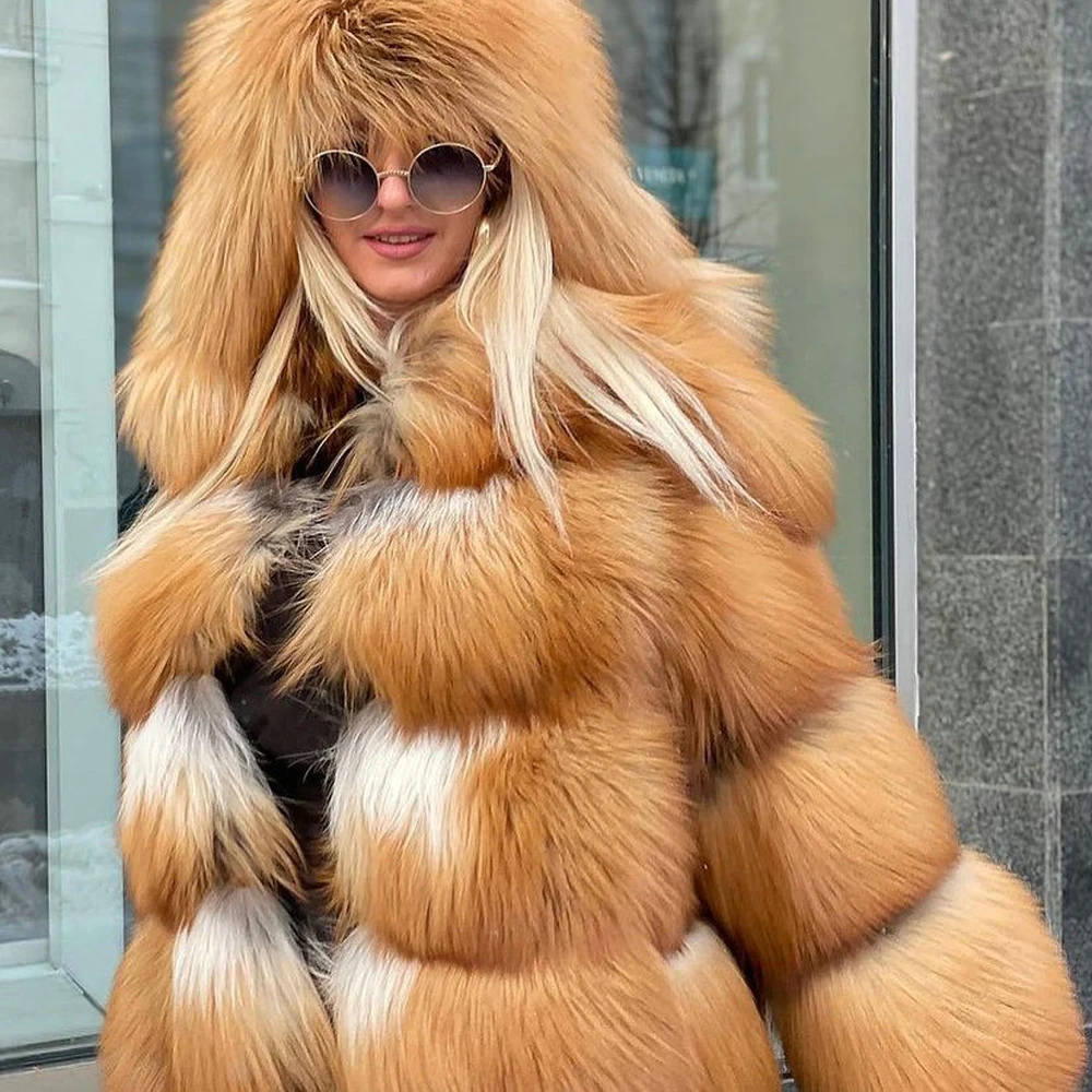 Winter Fashion Real Red Fox Fur Jacket with Lapel Collar Trendy New High Quality Genuine Fox Fur Coat Whole Skin Fur Overcoats