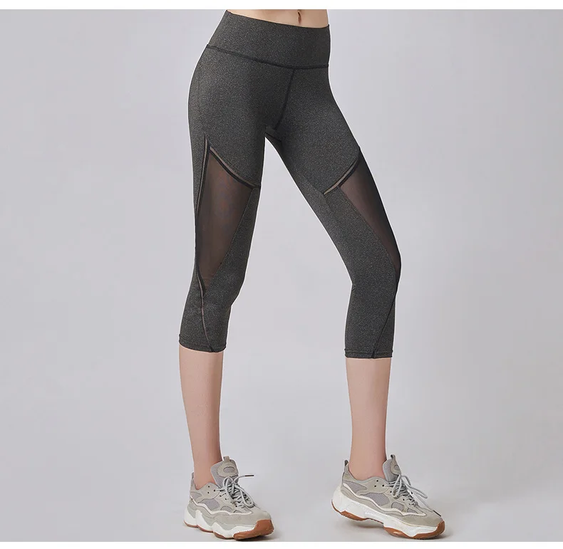 Summer Women Sport Leggings Cropped Yoga Pant Elastic Mesh Capris Quick Dry Running Crop Trousers Female Gym Pant Fitness Tights