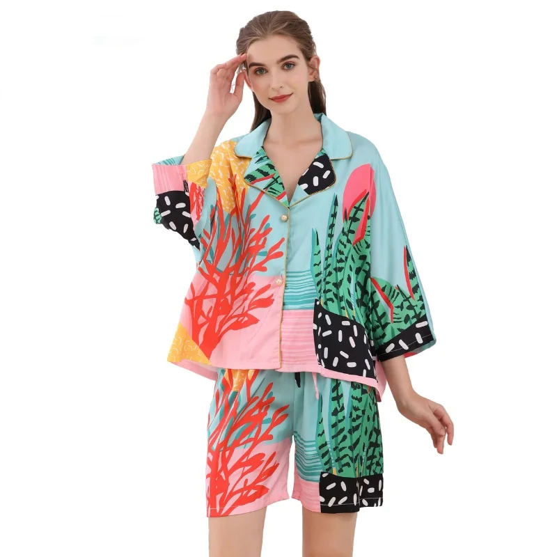 Women Silk Pyjamas Femme Satin Pijama Sleepwear Short Sleeve Fashion Pajamas for girl Nightwear Suit Home New 2021 Home Clothes