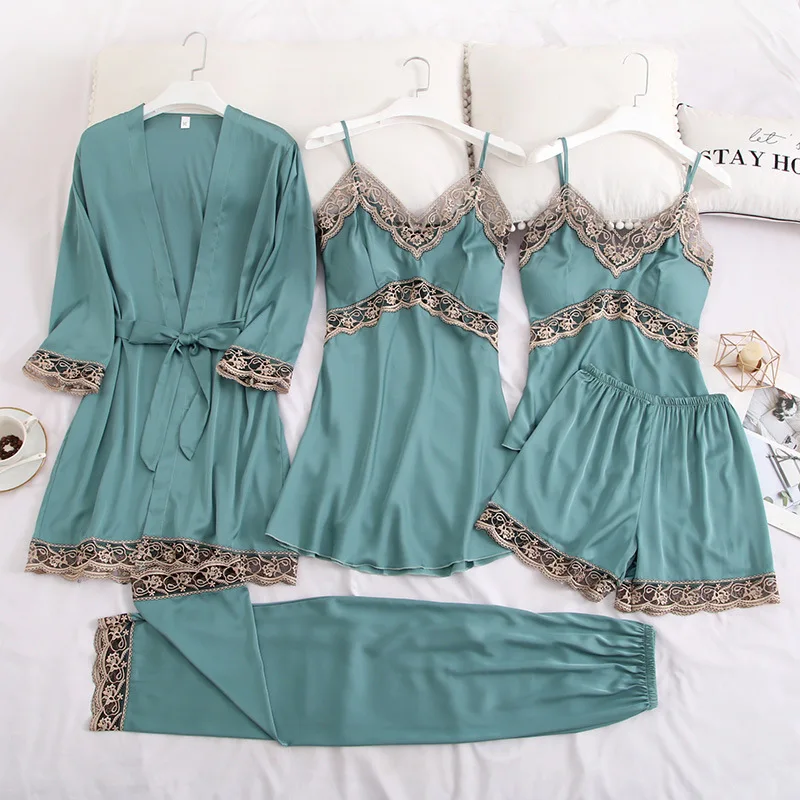 

Пикантные Пижамный костюм из вискозы выдалбливают пижамы для Для женщин халат-кимоно Лето 5 шт набор для сна пижамы Pour Femme интимное белье