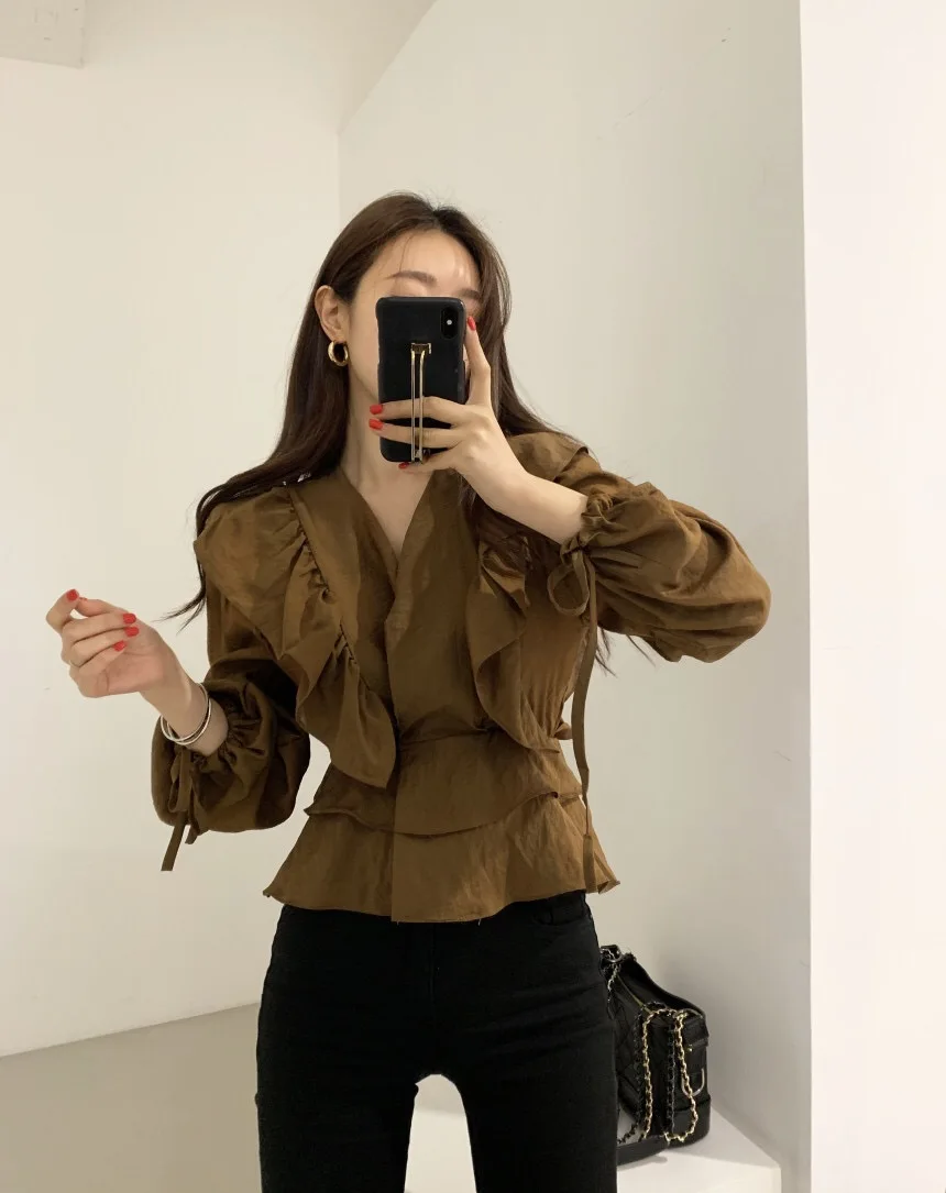 

Korean Chic French Minority Spring Sexy V-neck Flounce Design All-Match Shirt Long Sleeve Temperament Shirt
