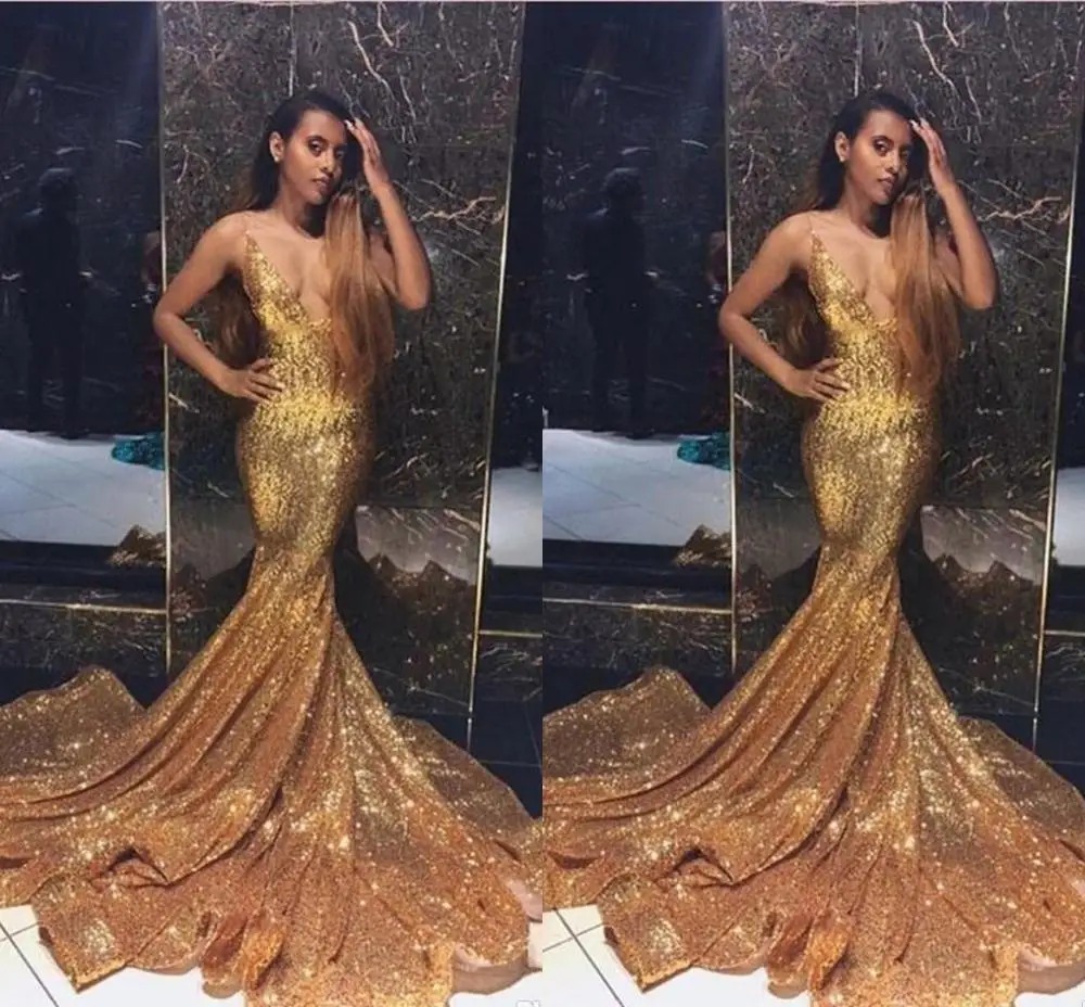 

Sexy Plus Size African Black Girls Gold Sequins Mermaid Prom Dresses Graduation Party Wear Formal Dress Evening Gowns Robes