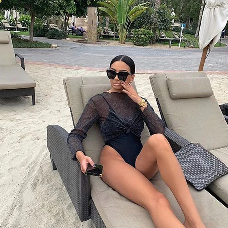 

Sexy Women Mesh T-Shirts See-Through Perspective Tshirt Letter Printed O Neck Transparent Long Sleeve T Shirt Tops Women