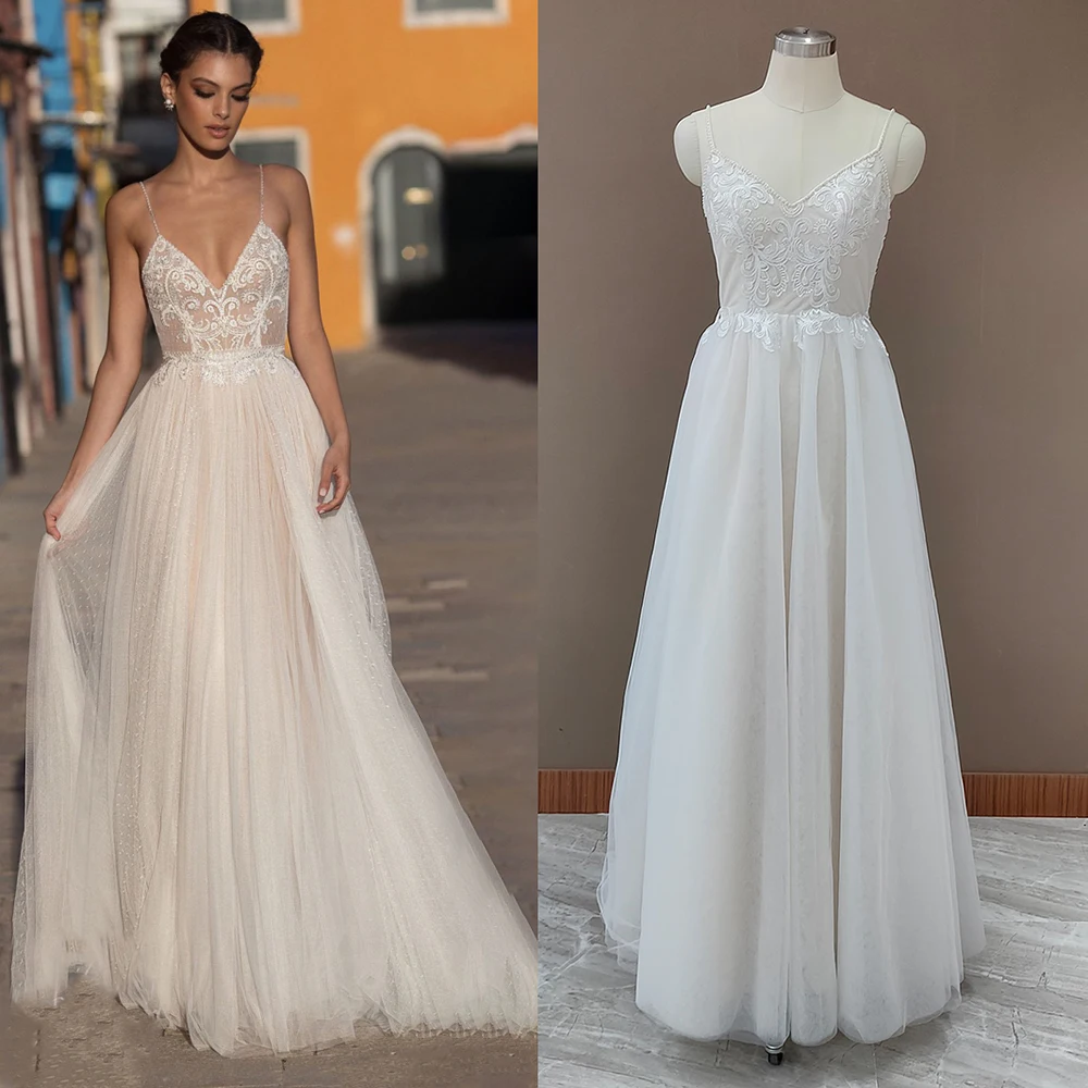 

Beading Spaghetti Straps Wedding Dress Chic Modern A Line Polka Dots Tulle Backless Boho Beach Appliqued Bridal Gown Custom Made