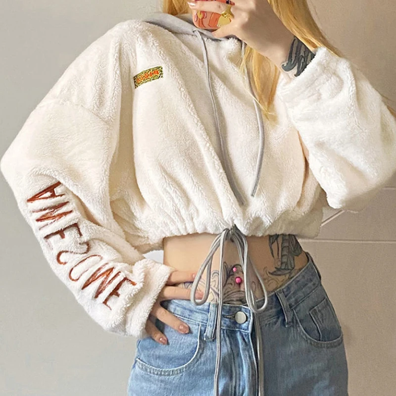 

Y2k хип-хоп толстовки с буквенным принтом зимние короткие Ретро сращивающиеся овечьей шерсти свободный девичий стиль 2021 Новинка