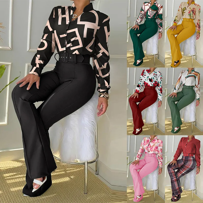 

Fashion Casual Suit Printed Stand-up Collar Long-sleeved Shirt Top Wide-leg Pants Trousers Two-piece Suit