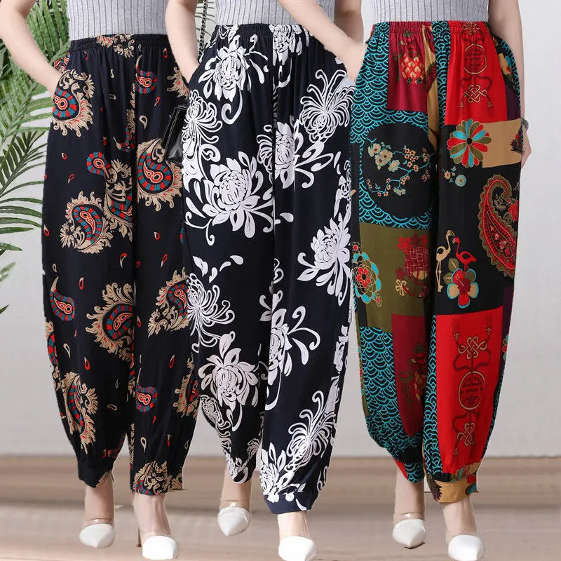 

Elegant Casual Women's 2021 Trousers Spring and Summer Cotton Thick Bloomers Ethnic Print High Waist Wide Leg Trousers Plus Size