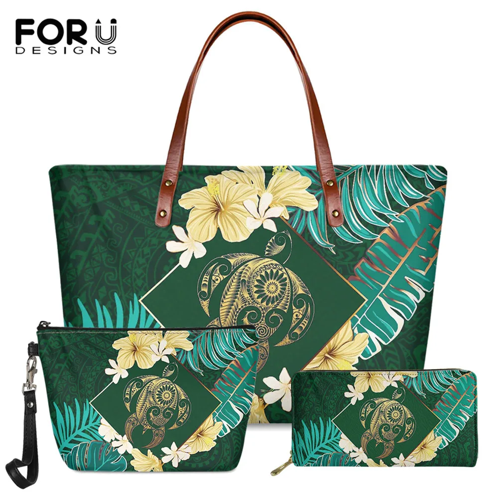 

FORUDESIGNS Harajuku Hawaiian Turtle Polynesian Tribal Printing Fashion Lady 3set/pcs Large Handbag For Women Long PU Wallet New