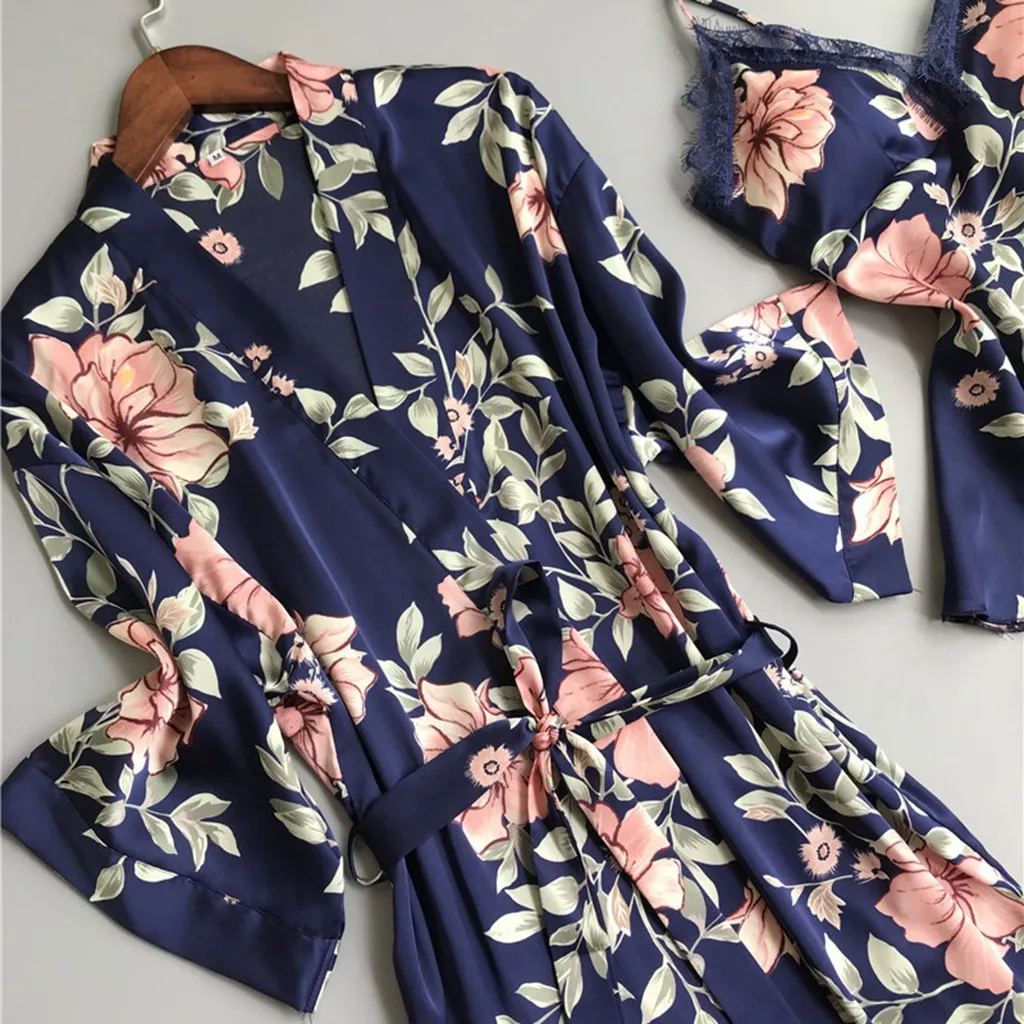 

5Pcs Sexy Lingerie Women Silk Lace Pajama Sets Trim Satin Cami Tops Robe Pyjamas Babydoll Sleepwear Nightdress Pajamas Set #W