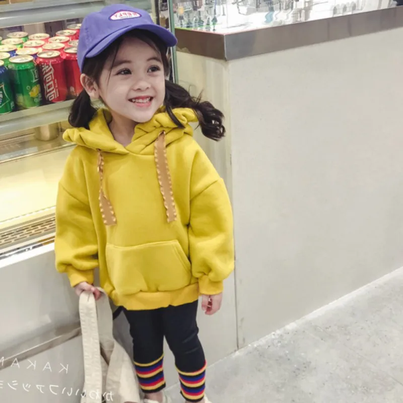 

ZR-Autumn Girls Fleece Thickening Hooded Sweater Solid Color Princess Cute Casual Long Sleeve Tops