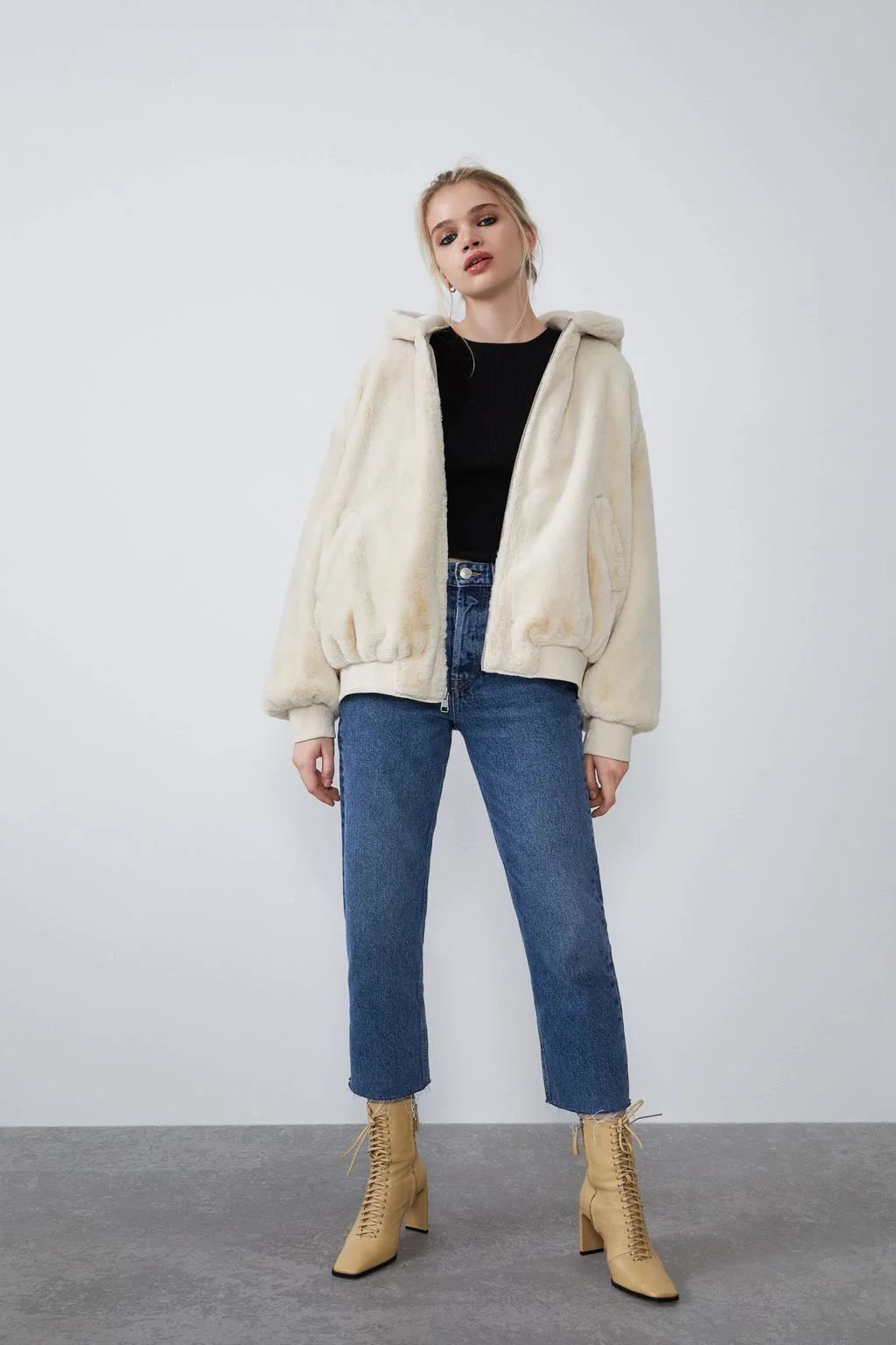 

Ladies Reversible Hooded Jacket Faux Fur Fleece for Winter Womens Tops Bomber Jackets Coats Black Outwear with Long Sleeve
