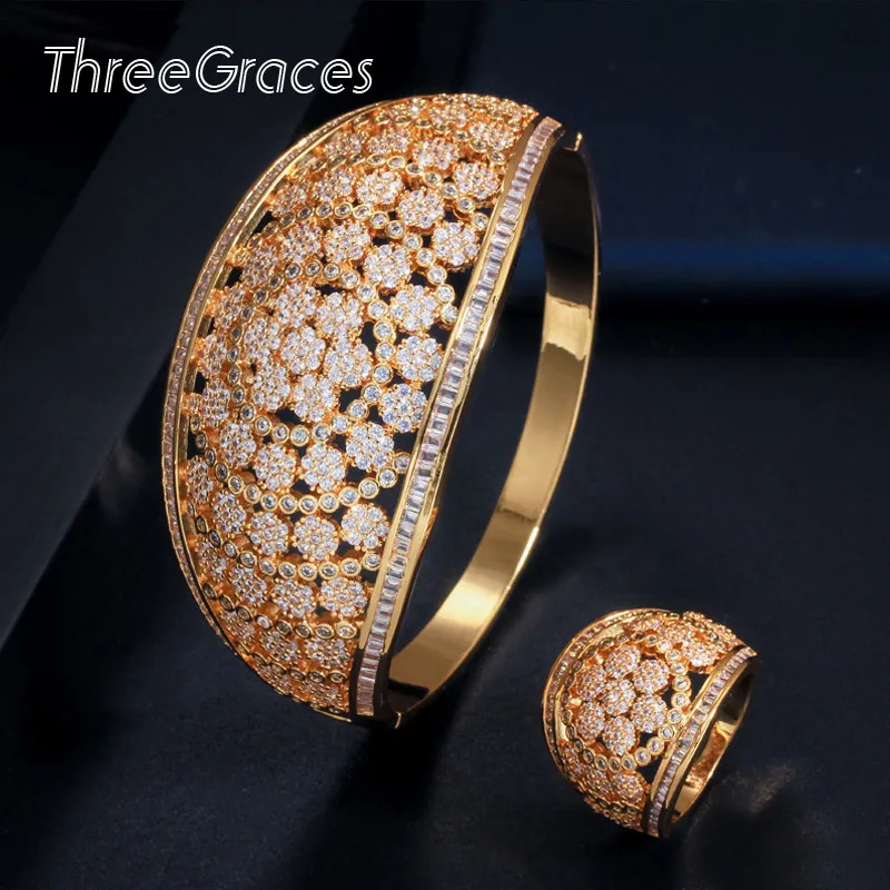 ThreeGraces Великолепные золотые браслеты Дубая ювелирные изделия цветок циркония