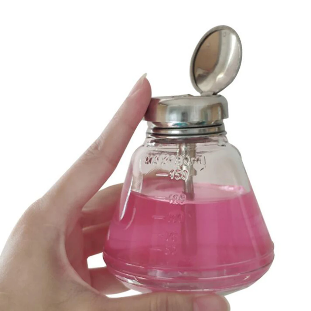 180ml Glass Push Down Empty Press Bottle Alcohol Acetone Pump Dispenser Vials for Nail Polish and Makeup Remover Silver Top Cap | Красота и