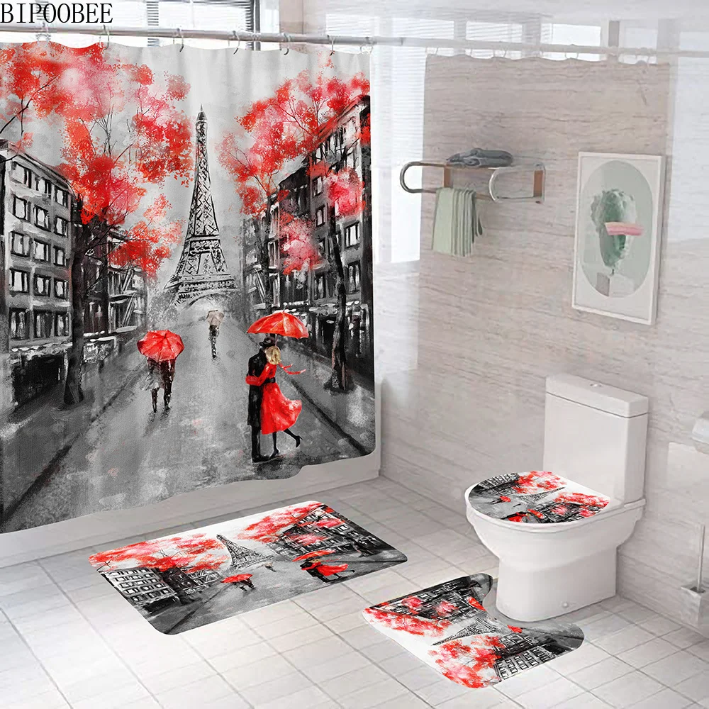 

Paris Eiffel Tower Bathroom Curtains Set Hug Lover Pattern Shower Curtain Bath Mats Pedestal Rugs Toilet Cover Non-slip Carpet