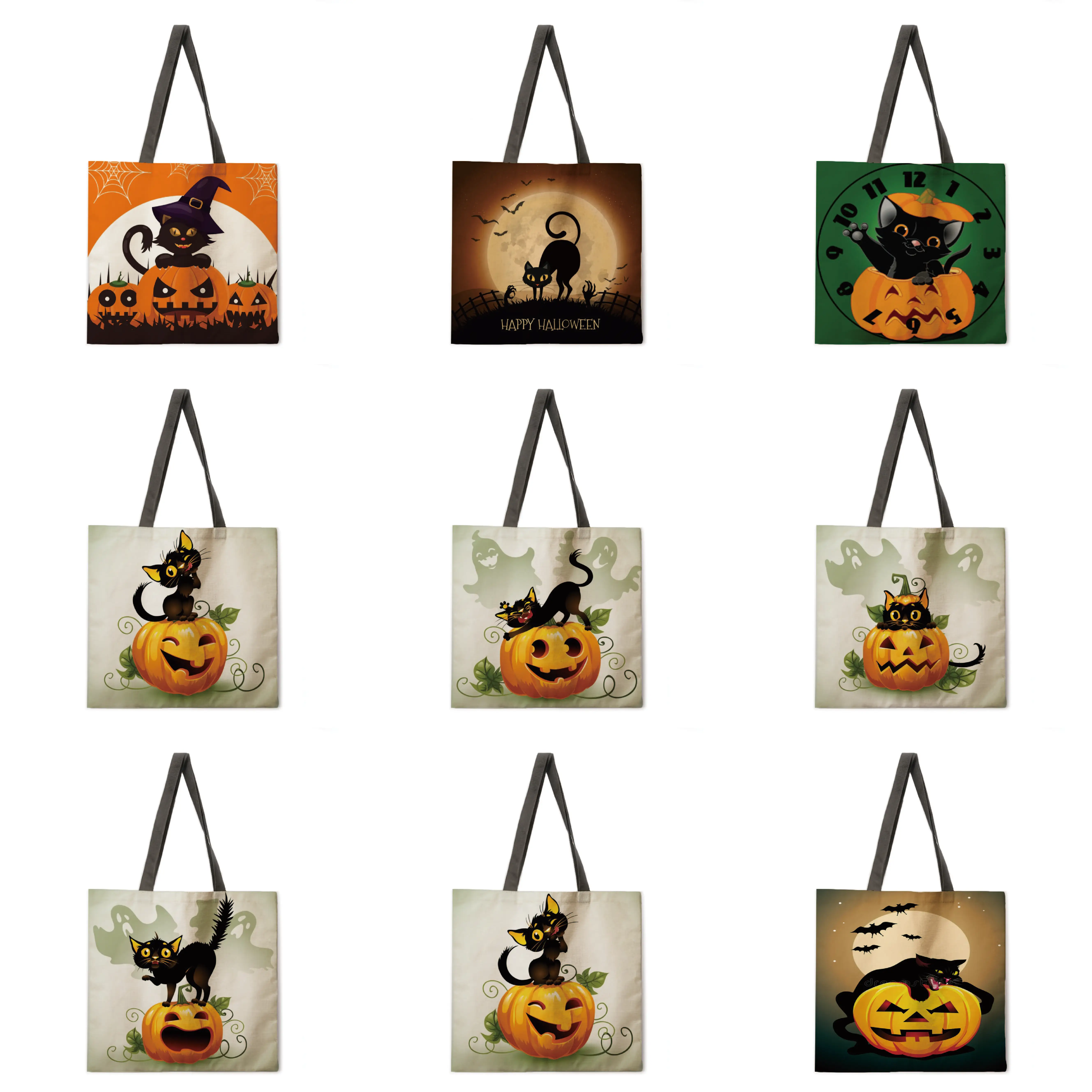 Сумка тоут с принтом кошки на Хэллоуин повседневная льняная тканевая сумочка