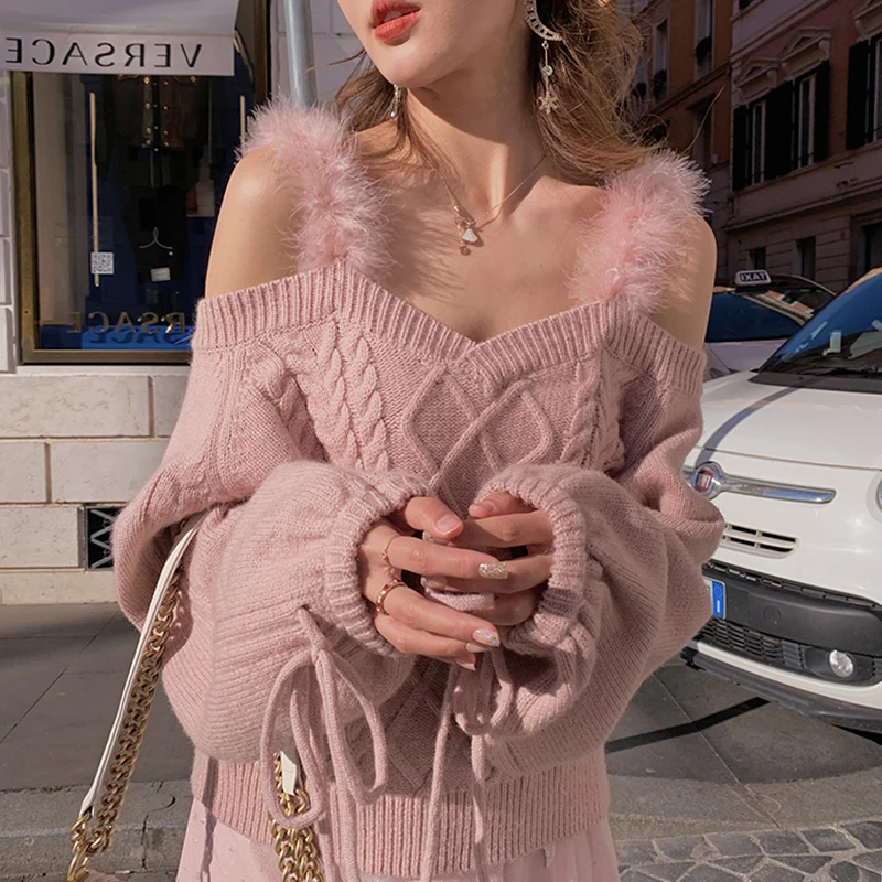 Свитер женский с открытыми плечами пикантный Мягкий трикотажный пуловер на