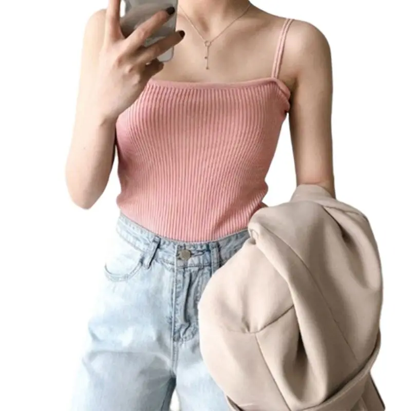

85DE Korean Minimalist Women Sleeveless Ribbed Knit Vest Double Spaghetti Straps Plain Solid Color Camisole Casual Slim Tube Top