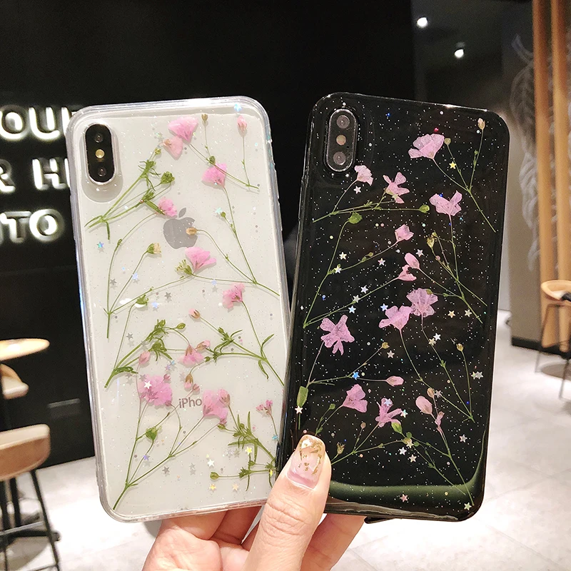 Настоящий высушенный чехол с цветами для iPhone XS Max XR прозрачный мягкий ручной