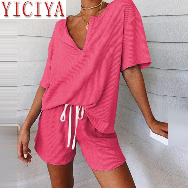 

2 Piece Women Sets OutfitsTracksuit Boat Anchor Print Shirt +Shorts Set Spring Elegant V Neck Pullover Ladies Sportswear Suits