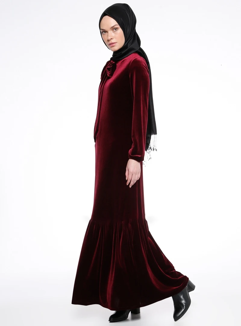 

Elegant Muslim Abaya Velvet Dress Bow Long Robe Gowns Kimono Jubah Ramadan Arabic Kaftan Costume Thobe Islamic Prayer Clothing