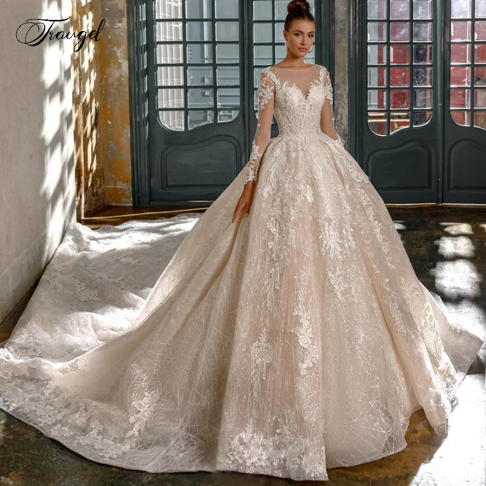 

Traugel Luxury Scoop Neck Long Sleeve Lace Ball Gown Wedding Dresses Chic Appliques Beaded Cathedral Train Vintage Bridal Gowns