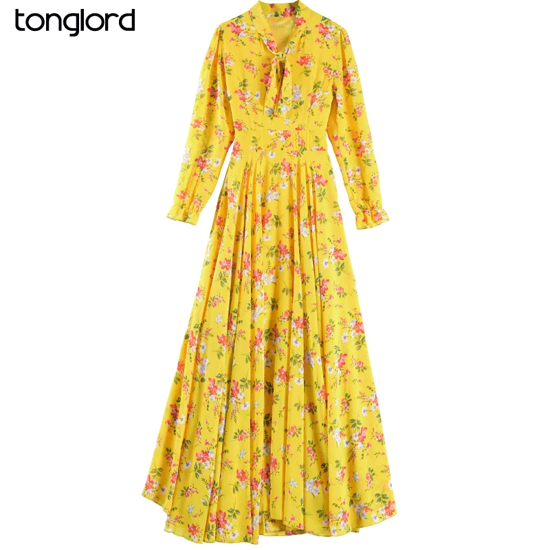 

Women Floral Print Dress With Lining Autumn Long Sleeve Female Bow Collar Chiffon Maxi Swing Dress Mujer Vestidos Size 4XL