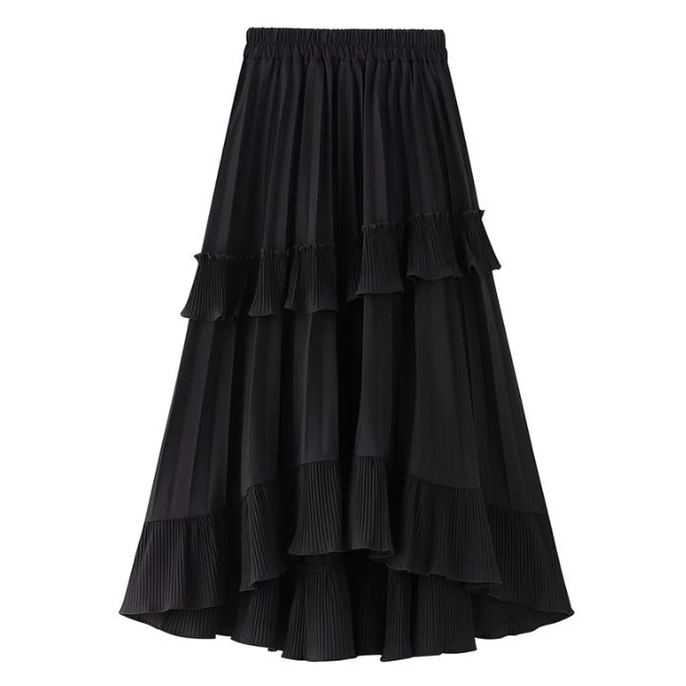 

High Low Skirt Korean Elegant Black Irregular Frill Ruffle Tiered Cake-Layer Casual Asymmetrical Long Pleated Skirt Women