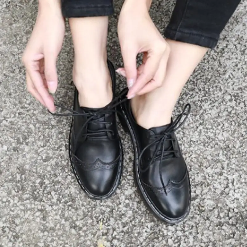 

RizaBina Women Pumps Shoes Real Leather Carved British Style Shoes Women Round Toe Fashion Cross Strap Daily Footwear Size 33-40