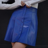 shestyle blue pleated gothic skirts women button fly a line high waist pu leather letter print fashion new 2021 christmas outfit