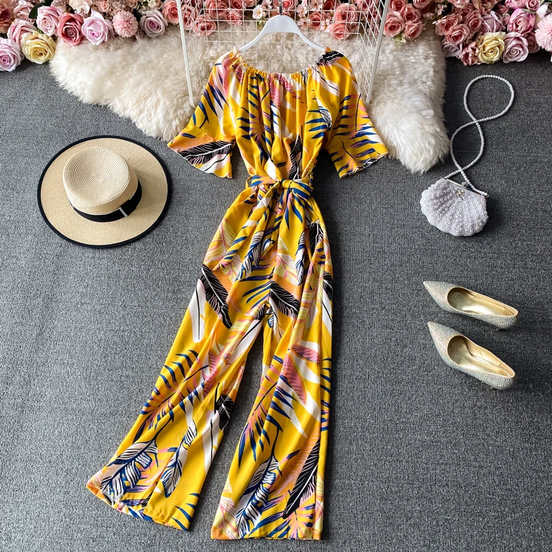 

Vintage Slash Neck Beach Style Women Bodysuits 2021 New Arrival High Waist Print Chiffon Playsuits Casual Jumpsuits