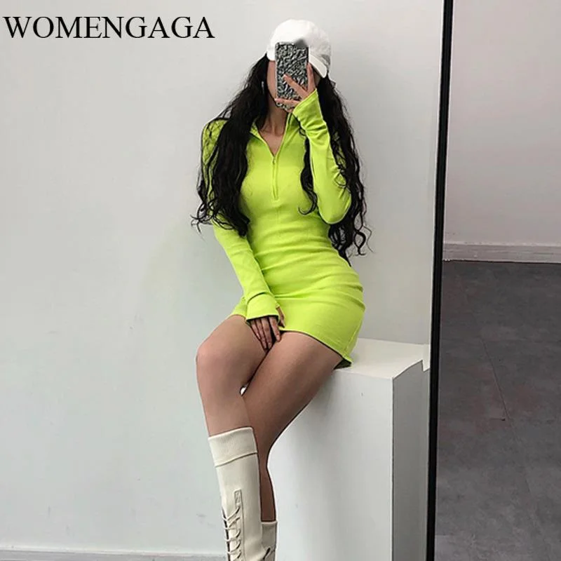 

WOMENGAGA Tight Sexy Zipper Full Sleeve Hip Bottoming Mini Dress Pleated Fold Autumn Solid Color Stand Neck Dresses Womens J9Y8