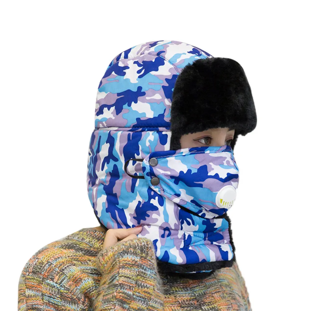 camouflage blue Практичная Лыжная шапка с наушниками, мужская и женская меховая дышащая шапка с клапаном, теплая зимняя шапка, русская казацкая шапка - Цвет: camouflage blue