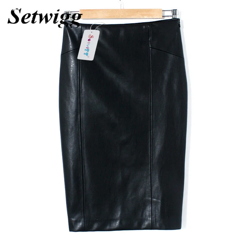 Юбка карандаш из искусственной кожи на молнии с завышенной талией|leather pencil skirt|pencil