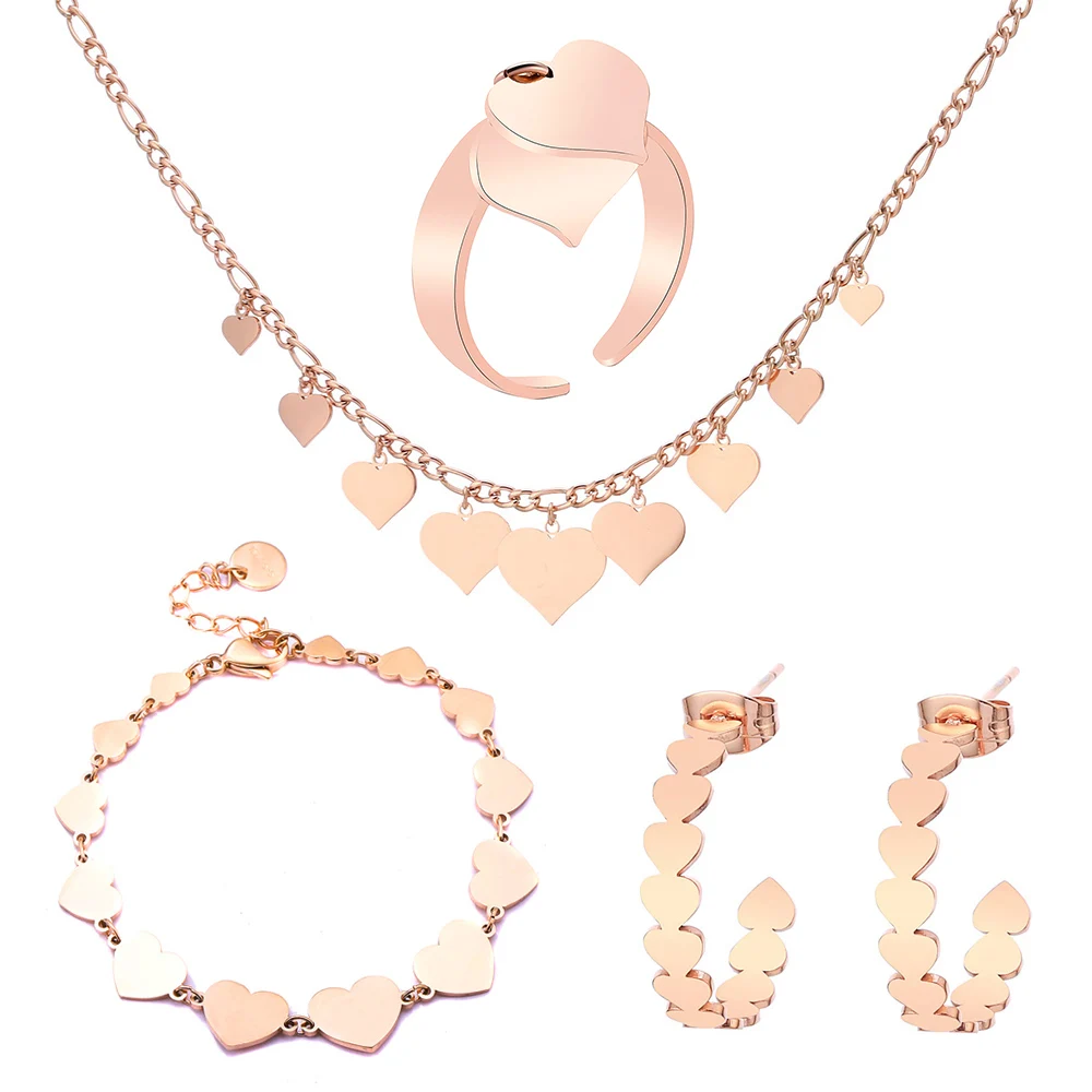 

Luxury Women Accessories Multi Heart Jewelry Set Rose Gold Color Stainless Steel Earring Necklace Ring Bracelet 2020 New Style
