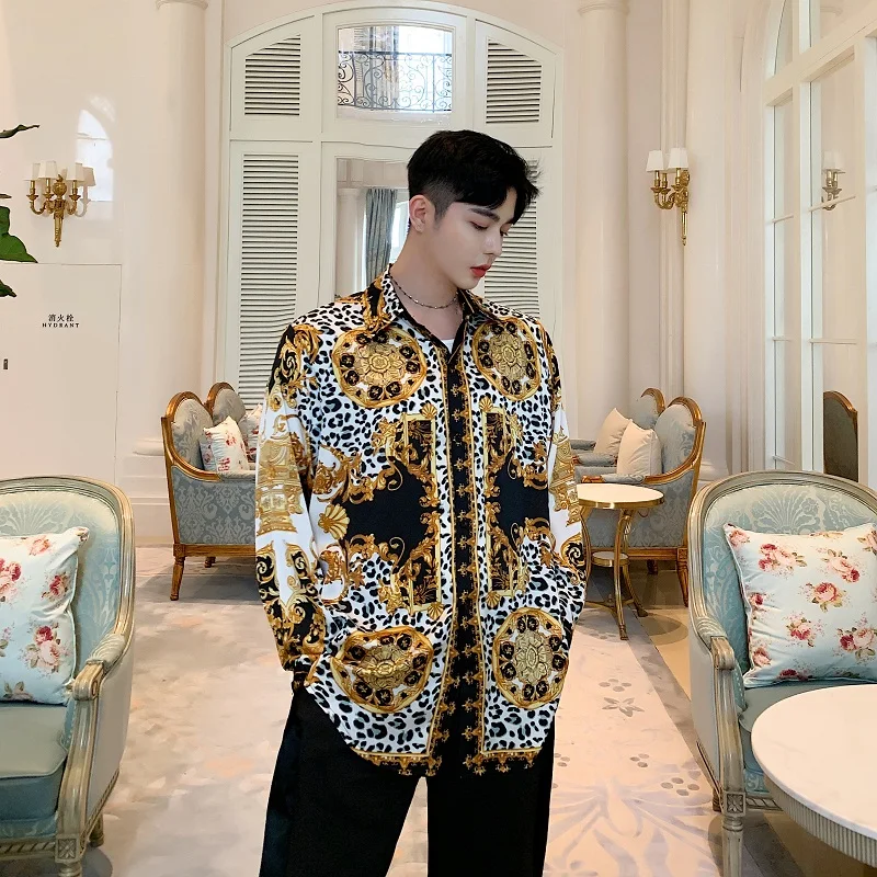 

Men Long Sleeve Satin Style Vintage Print Loose Casual Chic Shirt Male Streetwear Hip Hop Party Dress Shirts Stage Show Costumes