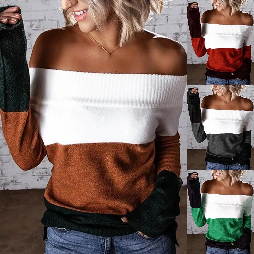 

2020 Knitted Sweater Women Autumn Winter Off Shoulder Patchwork Long Sleeve Pullover Knitted Sweater Top Pullover Loose Sweater