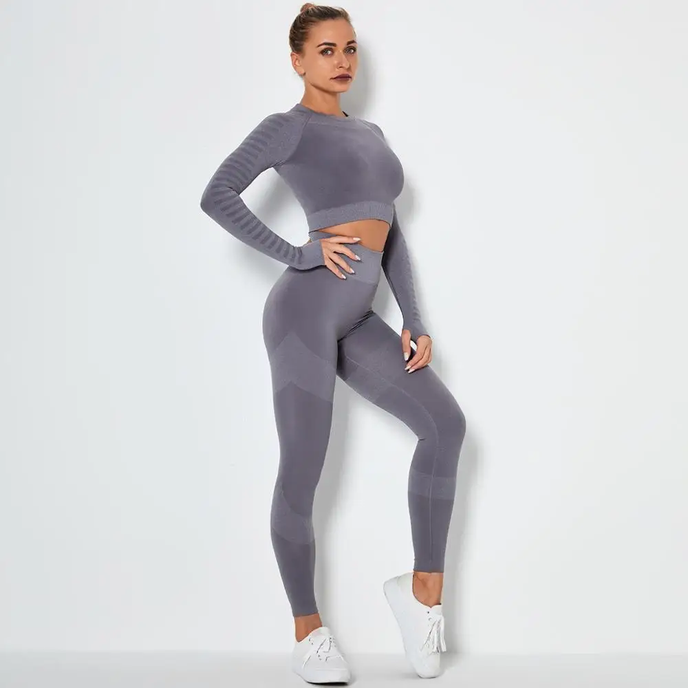 

Seamless Gray Yoga Set Sport Outfits Women 2 Piece Tight Long Sleeve Crop top+Leggings Workout Gym Suit Fitness Sets Tracksuit
