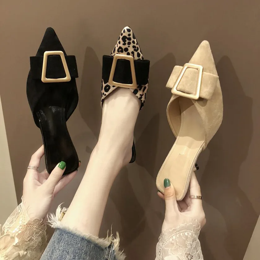 Мюли женские леопардовые шлепанцы на низком каблуке без застежки сланцы