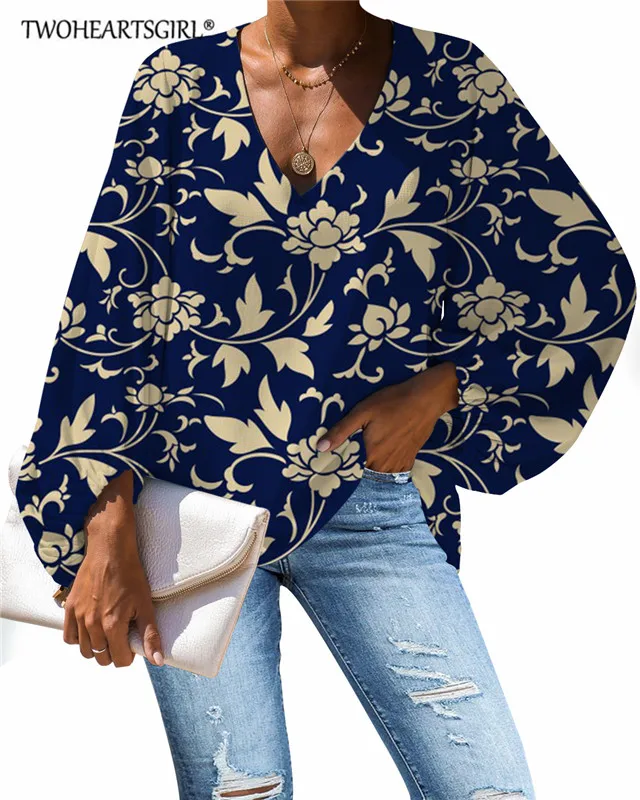 

European Floral Gold Pattern Blouse Casual Lantern Sleeve Chiffon Shirt Woman Tops Fashionable Long Sleeve Summer V Neck Shirts
