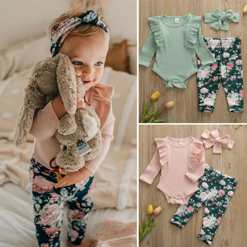 

2019 Fall Spring Clothing Newborn Baby Girls Long Sleeve Ruffled Romper Floral Leggings Headband Ribbed Outfits