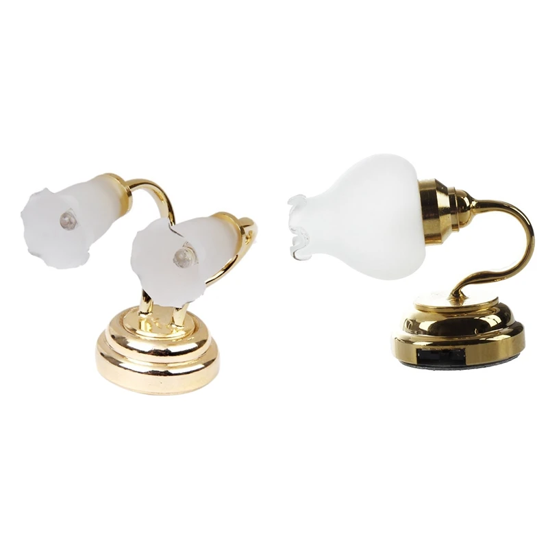

Hot-2 Pcs 1:12 Doll House Miniature Metal LED Wall Lamp Light Model, Floral & Mini Double Headed
