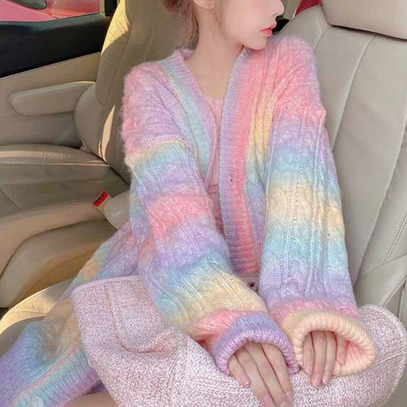 

Women Rainbow Knitted Cardigan Long Sleeve Button Down Open Front Sweater Knee Length Loose Tops Coat