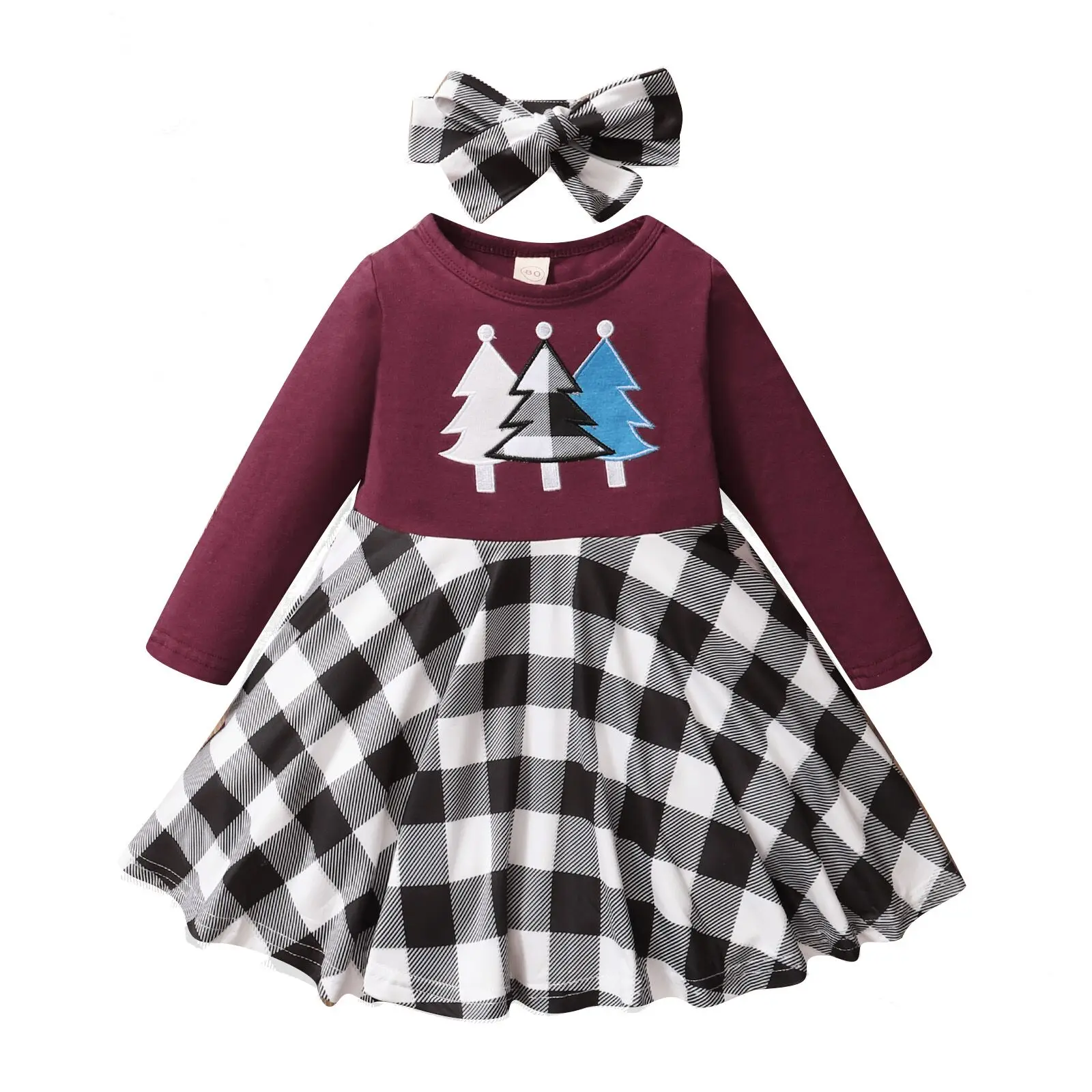 

2Pcs Kids Christmas Outfit, Xmas Tree Plaid O-Neck Long Sleeves Loose Dress + Hairband for Girls, 9 Months to 4 Years