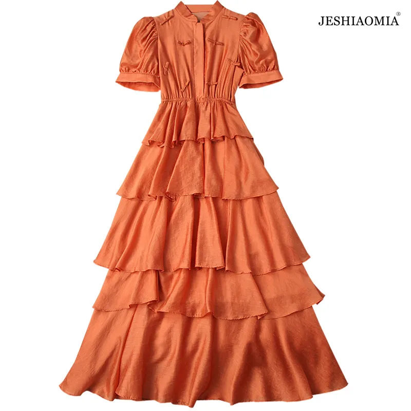 

JESHIAOMIA- 2021 Summer Stand Collar Puff Sleeve Tiered Dress