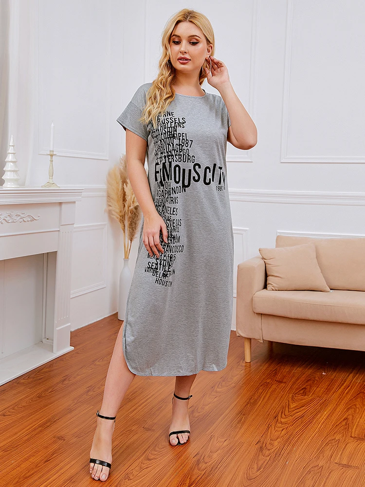 

Grey Lettle Print Casual Midi Dress Women Summer 2021 Elegant Plus Size Side Split Arabic Middle East Homewear Clothes