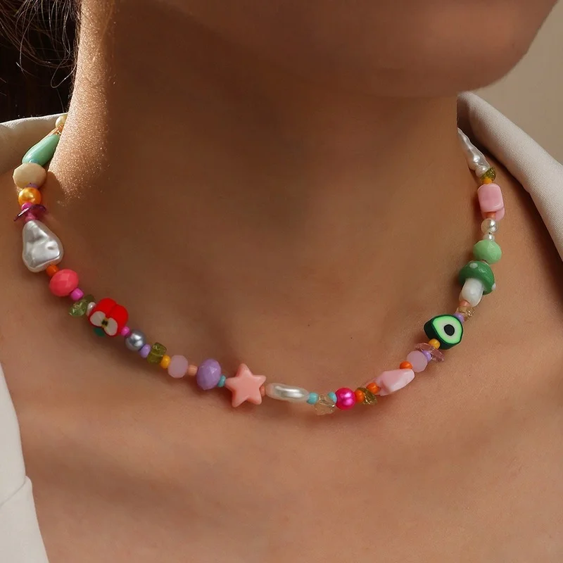 

2021 Candy Color Resin Fruit Beads Necklace for Women Sweet Girls Soft Clay Choker Pearl Collares Handmade Femme Jewelry