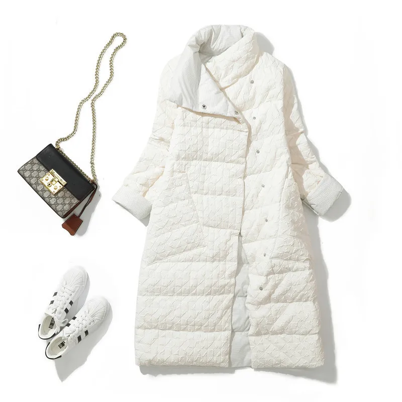 

FOR Ailegogo Winter Women Ultra Light 90% White Duck Down Jacket Casual Long Coats Fashion Embossed Big Pocket Warm Outwear