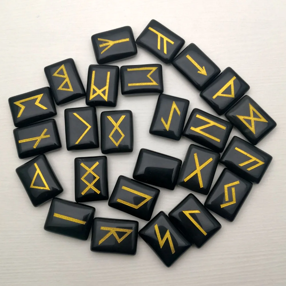 Модные руны обсидиана сверкающие камни 25 шт. натуральные викингов амулет набор