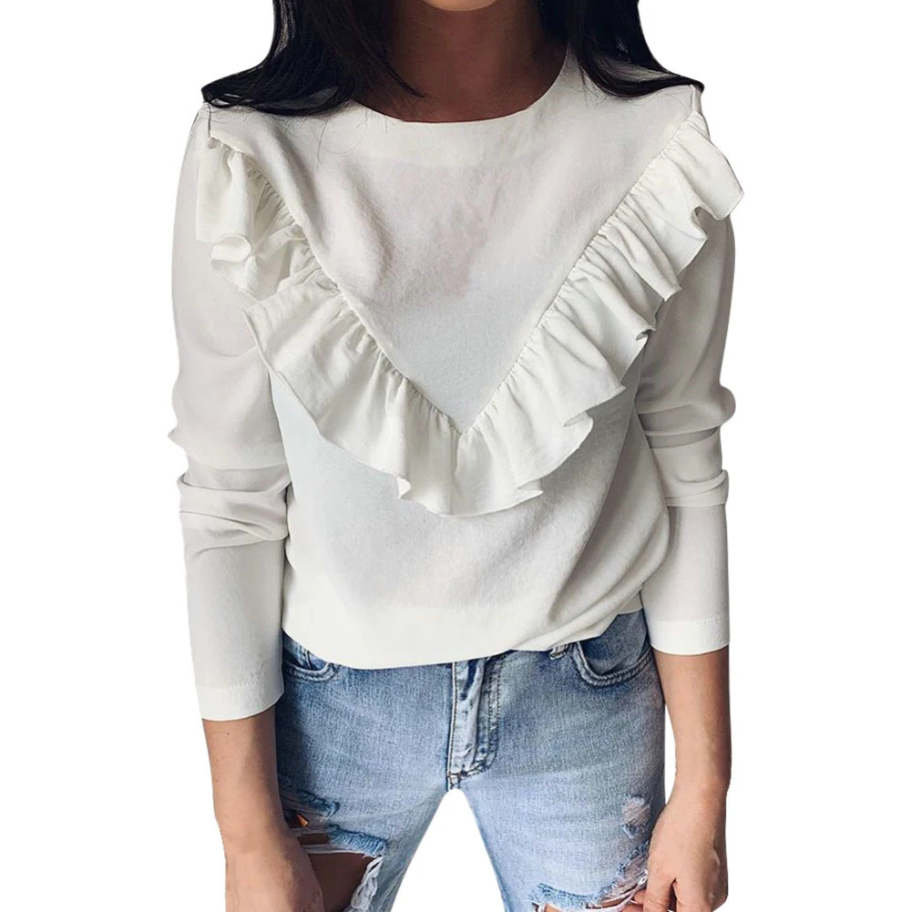 Women Casual Solid Color O Neck Long Sleeve Stitching Ruffled Hem Slim Blouse | Женская одежда